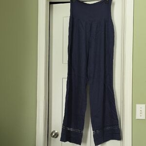 Women's Navy Blue Linen Pants W Jersey Comfort Waistband